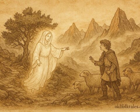 Parchment-style artwork of a shepherd meeting his Ora spirit in Albanian mountain folklore.