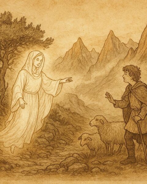 Parchment-style artwork of a shepherd meeting his Ora spirit in Albanian mountain folklore.