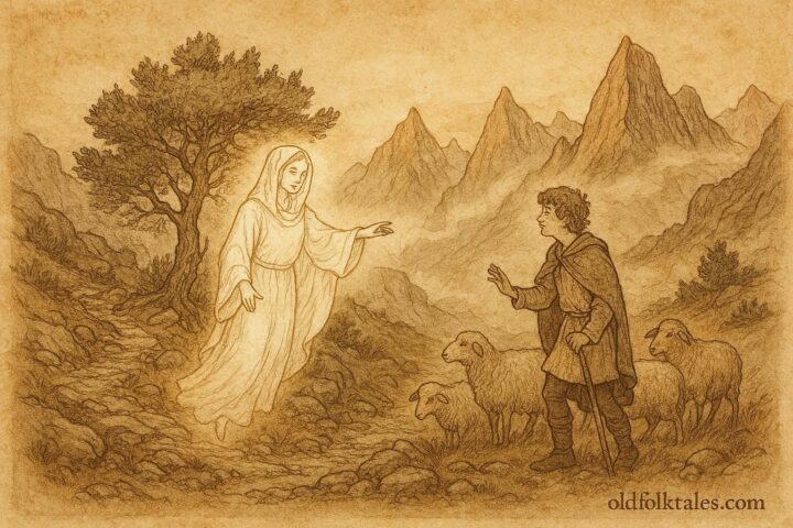 Parchment-style artwork of a shepherd meeting his Ora spirit in Albanian mountain folklore.