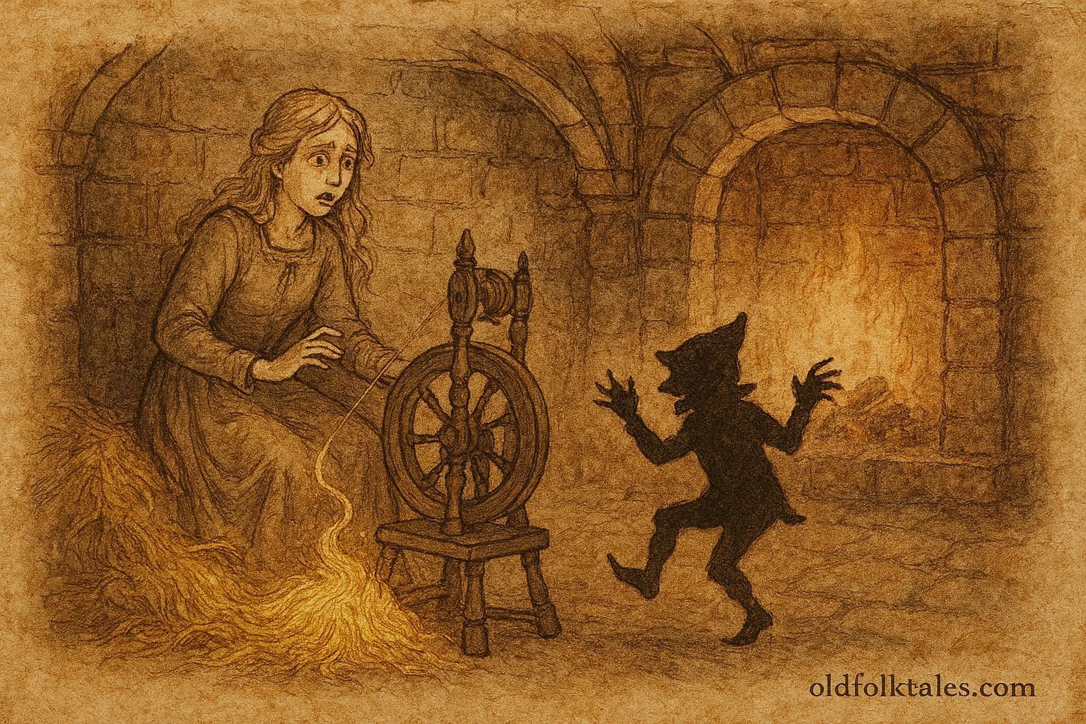 Parchment-style illustration of a miller’s daughter spinning straw into gold, Scandinavian folktale scene.