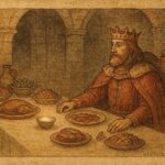 An illustration of a king realizing salt’s value at a banquet, Czech folktale scene.