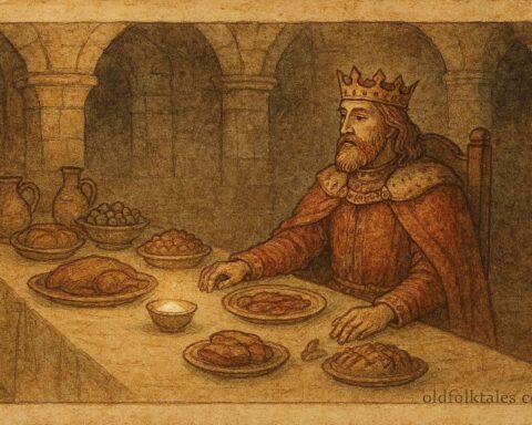 An illustration of a king realizing salt’s value at a banquet, Czech folktale scene.