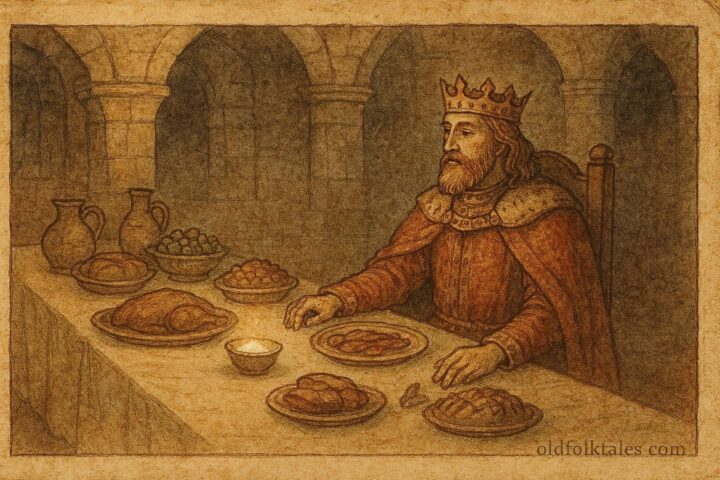 An illustration of a king realizing salt’s value at a banquet, Czech folktale scene.
