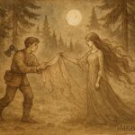 An artwork of a Samodiva and woodcutter in a Bulgarian forest folktale scene.