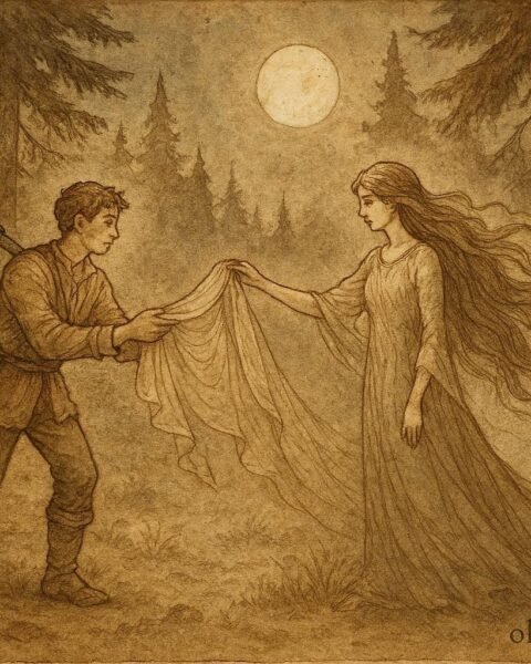 An artwork of a Samodiva and woodcutter in a Bulgarian forest folktale scene.