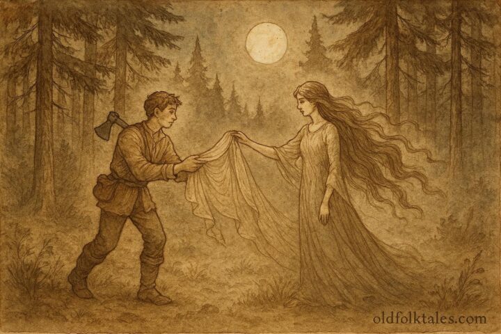 An artwork of a Samodiva and woodcutter in a Bulgarian forest folktale scene.