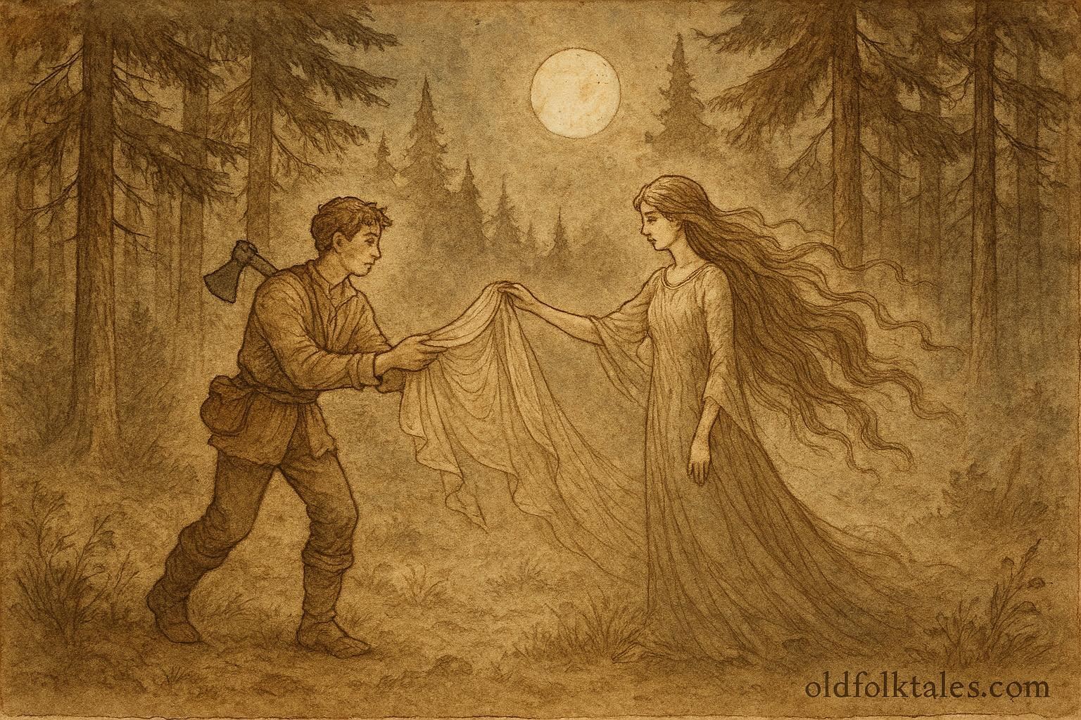 An artwork of a Samodiva and woodcutter in a Bulgarian forest folktale scene.