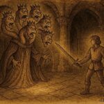 Parchment-style illustration of Miklós facing the seven-headed Fairy King inside an enchanted Hungarian castle.