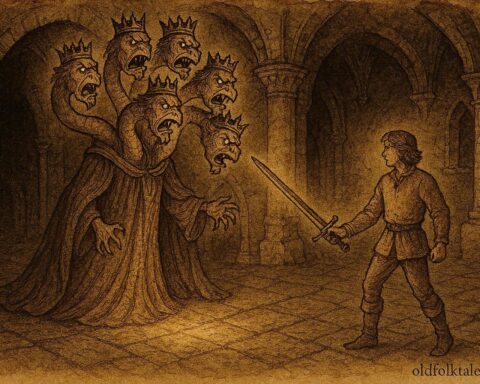 Parchment-style illustration of Miklós facing the seven-headed Fairy King inside an enchanted Hungarian castle.