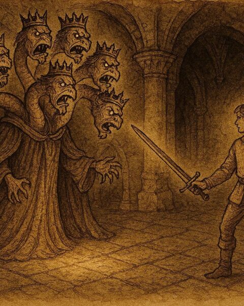 Parchment-style illustration of Miklós facing the seven-headed Fairy King inside an enchanted Hungarian castle.