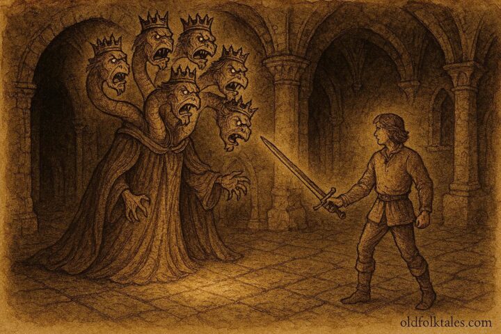 Parchment-style illustration of Miklós facing the seven-headed Fairy King inside an enchanted Hungarian castle.