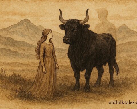 Parchment-style illustration of the Black Bull of Norroway and a young woman, Scottish Highland folktale.