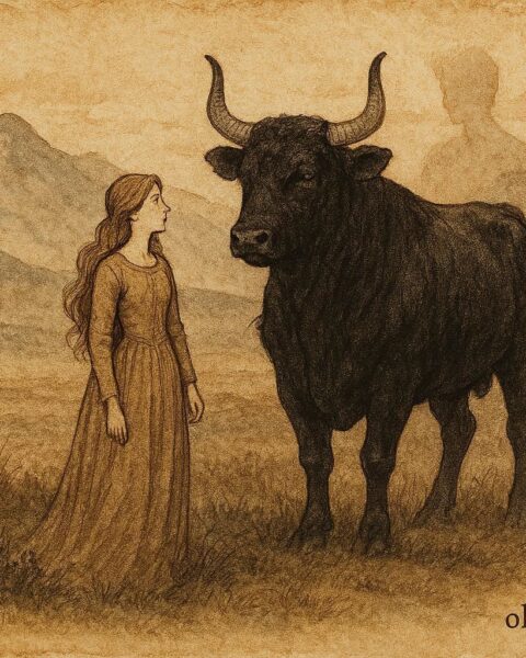 Parchment-style illustration of the Black Bull of Norroway and a young woman, Scottish Highland folktale.