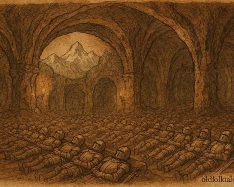 An illustration of sleeping knights beneath the Tatra Mountains.