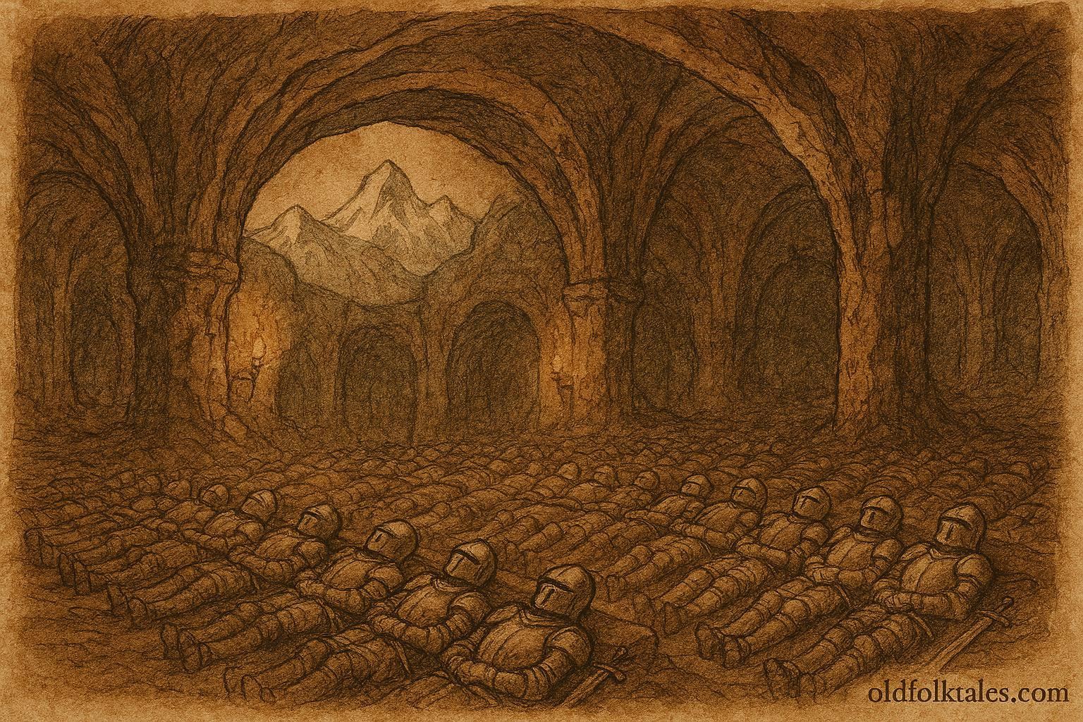 An illustration of sleeping knights beneath the Tatra Mountains.