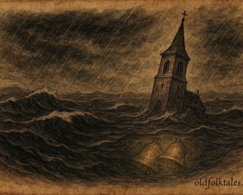 Parchment-style illustration of submerged church bells ringing beneath the Zuiderzee, Dutch folktale.