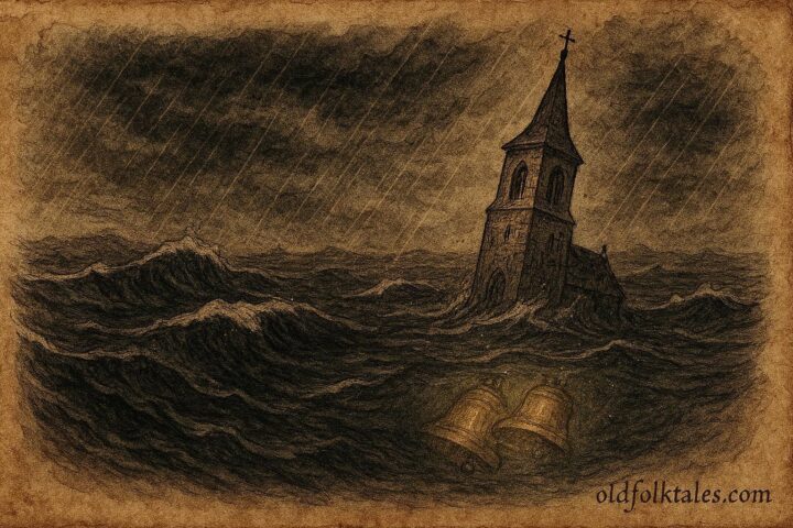 Parchment-style illustration of submerged church bells ringing beneath the Zuiderzee, Dutch folktale.