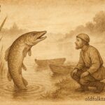 An illustration of a talking pike and fisherman in a Belarusian folktale river scene.