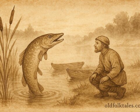 An illustration of a talking pike and fisherman in a Belarusian folktale river scene.