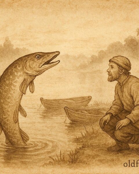 An illustration of a talking pike and fisherman in a Belarusian folktale river scene.