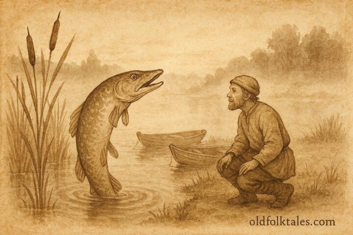 An illustration of a talking pike and fisherman in a Belarusian folktale river scene.