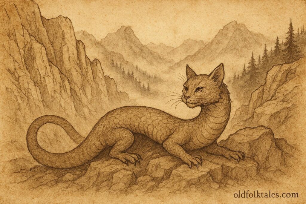 Parchment-style illustration of the Tatzelwurm in the Swiss Alps, Alpine folklore creature.