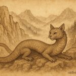 Parchment-style illustration of the Tatzelwurm in the Swiss Alps, Alpine folklore creature.