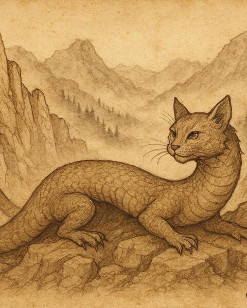 Parchment-style illustration of the Tatzelwurm in the Swiss Alps, Alpine folklore creature.