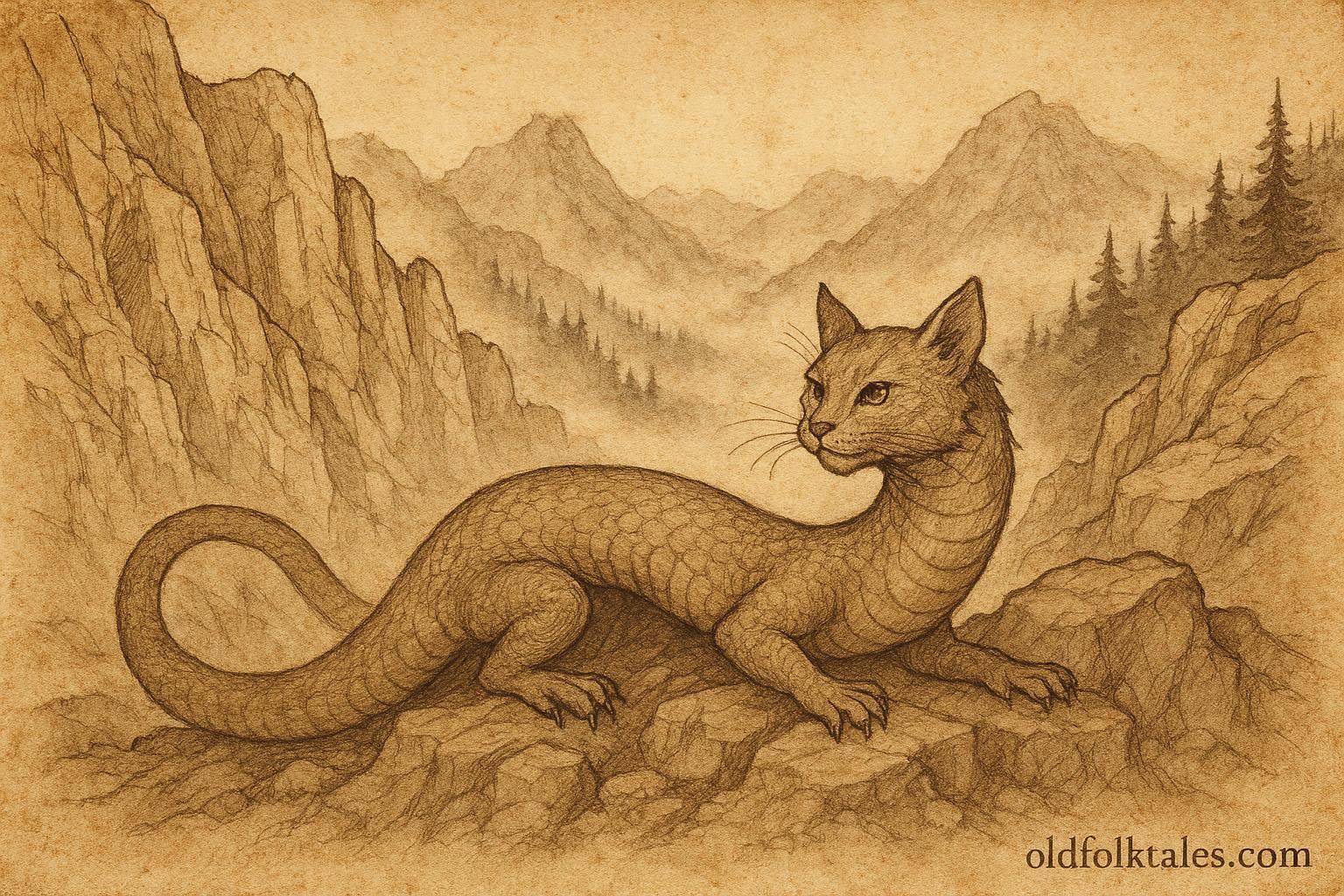 Parchment-style illustration of the Tatzelwurm in the Swiss Alps, Alpine folklore creature.
