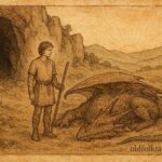 Parchment-style artwork of a young hero defeating a dragon, Serbian folktale scene.