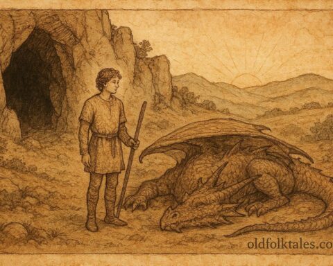 Parchment-style artwork of a young hero defeating a dragon, Serbian folktale scene.