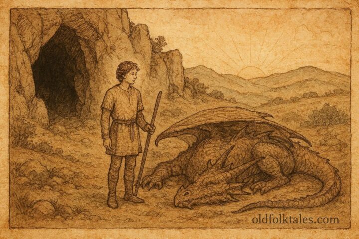 Parchment-style artwork of a young hero defeating a dragon, Serbian folktale scene.