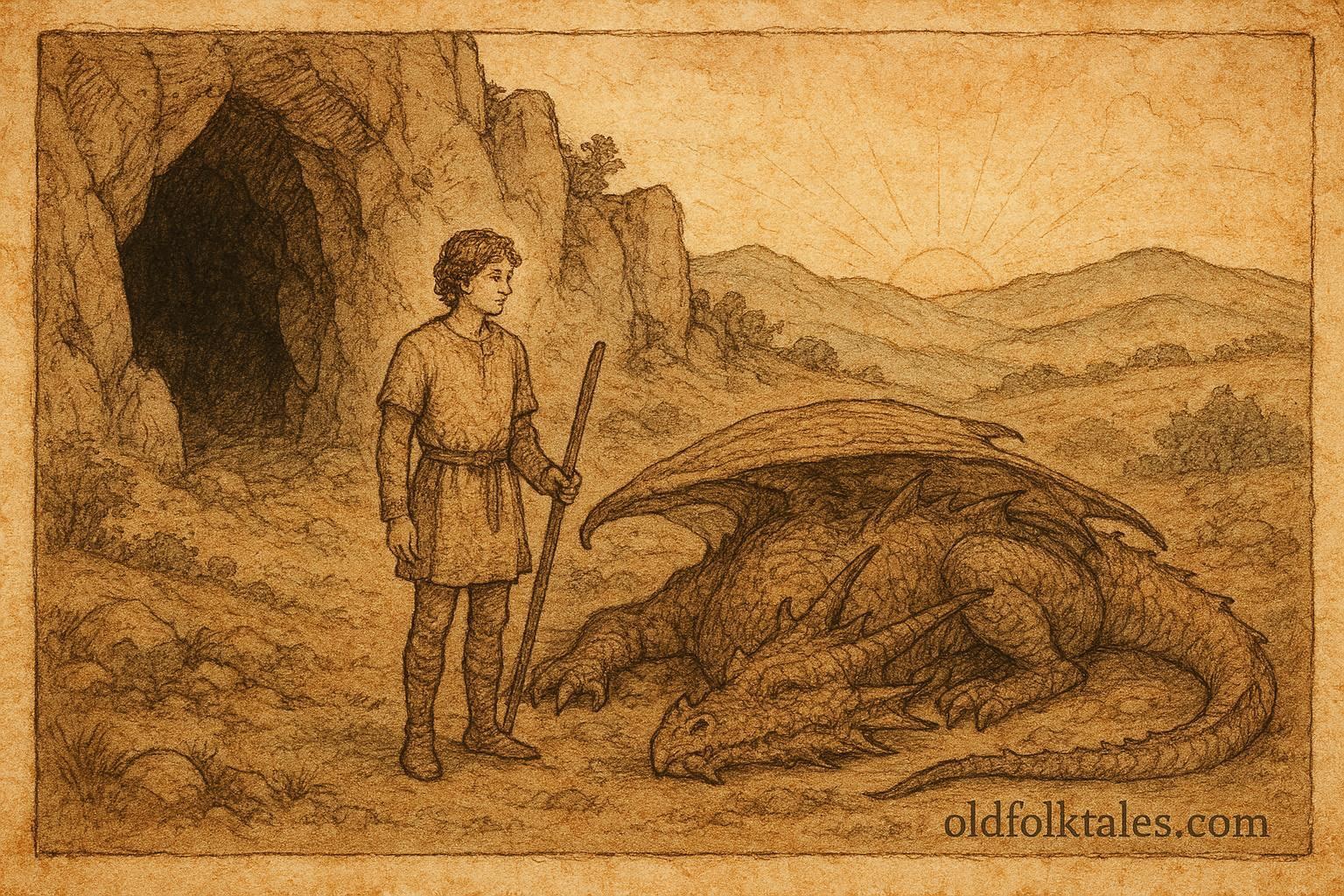 Parchment-style artwork of a young hero defeating a dragon, Serbian folktale scene.