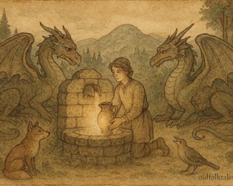 An artwork of a Bulgarian hero drawing Living Water from an enchanted well.