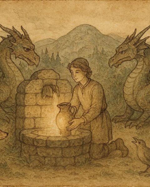 An artwork of a Bulgarian hero drawing Living Water from an enchanted well.