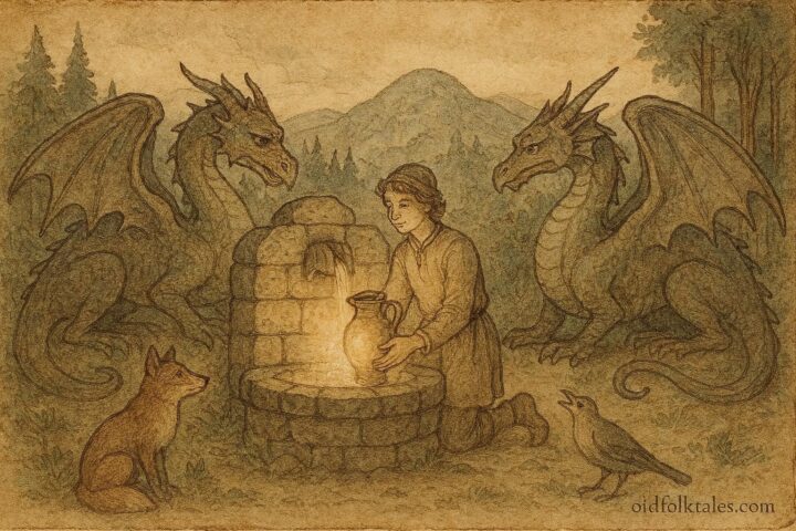 An artwork of a Bulgarian hero drawing Living Water from an enchanted well.