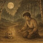 An illustration of a singing skull and a Belarusian folktale scene at night.