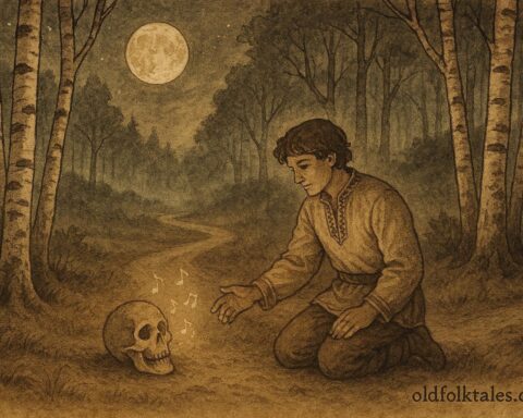An illustration of a singing skull and a Belarusian folktale scene at night.