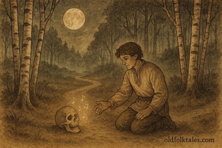 An illustration of a singing skull and a Belarusian folktale scene at night.