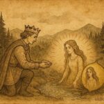 An illustration of a prince offering water to a maiden from a lemon, Slovak folktale scene.