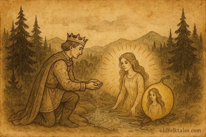 An illustration of a prince offering water to a maiden from a lemon, Slovak folktale scene.