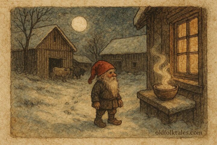 Parchment-style illustration of a tomte watching over a snowy Swedish farm at night, Scandinavian folklore.
