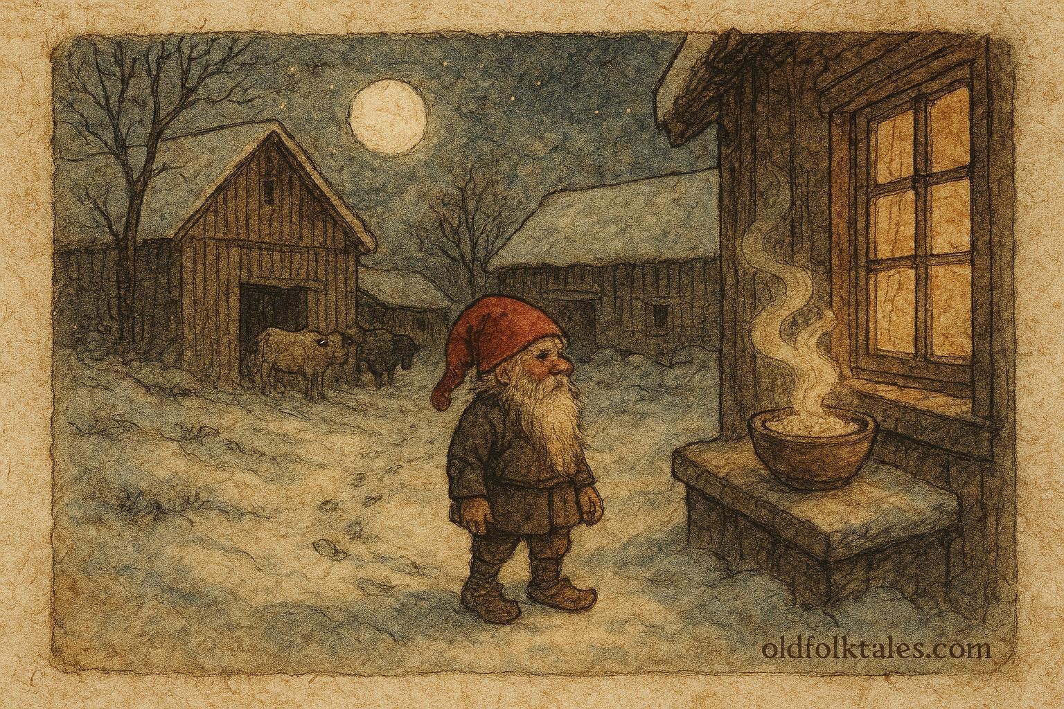 Parchment-style illustration of a tomte watching over a snowy Swedish farm at night, Scandinavian folklore.