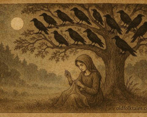 An illustration of a silent sister and ravens from a Polish folktale.