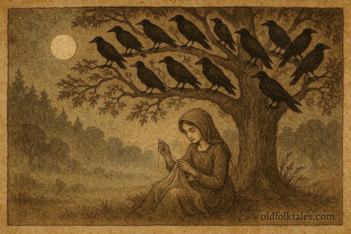 An illustration of a silent sister and ravens from a Polish folktale.