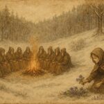 Parchment-style illustration of the Twelve Months aiding a girl in a Czech folktale.