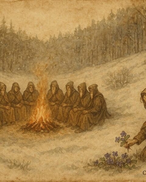 Parchment-style illustration of the Twelve Months aiding a girl in a Czech folktale.