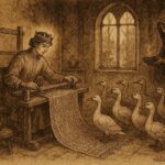Parchment-style illustration of a prince weaving magical garments to restore twelve sisters from wild ducks, Norwegian folklore.