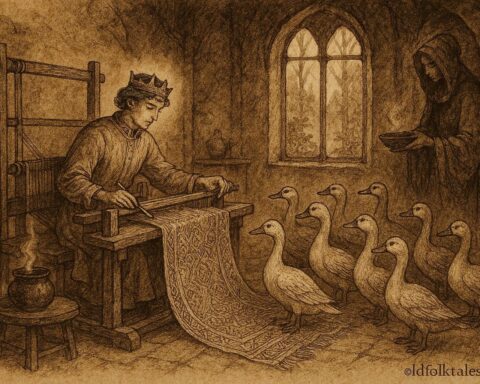 Parchment-style illustration of a prince weaving magical garments to restore twelve sisters from wild ducks, Norwegian folklore.