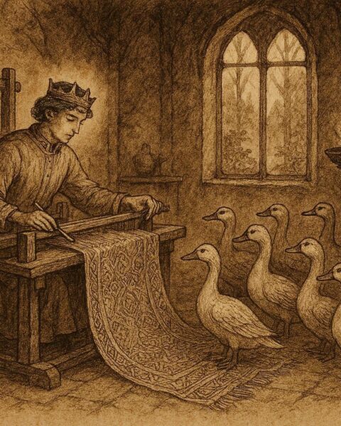 Parchment-style illustration of a prince weaving magical garments to restore twelve sisters from wild ducks, Norwegian folklore.